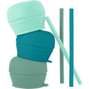 Three Tomy Snug Straw lids in varying shades of green stacked vertically, with two matching straws beside them.