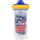 9oz sippy cup featuring Cars characters, including Lightning McQueen, with a blue lid and yellow top.