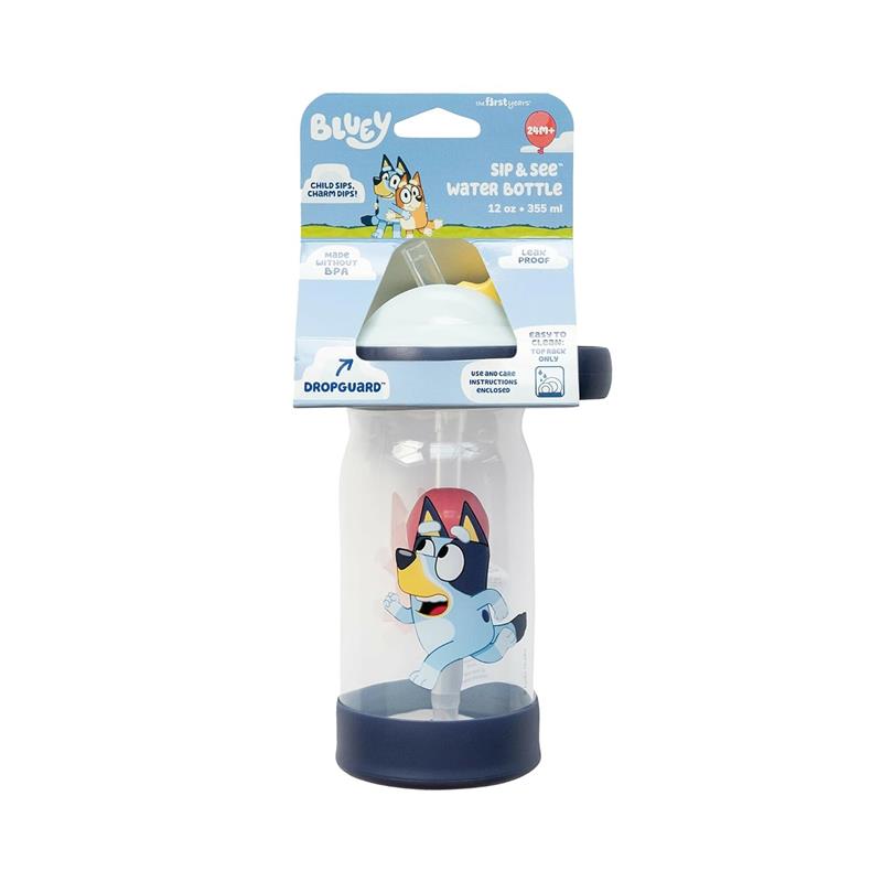 Bluey Sip & See toddler water bottle, 12 oz, featuring a playful Bluey character, includes a straw and floating charm.