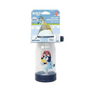 Bluey Sip & See toddler water bottle, 12 oz, featuring a playful Bluey character, includes a straw and floating charm.