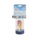 Bluey-themed toddler water bottle, 12 oz, featuring a floating charm and a straw, designed for easy sipping.