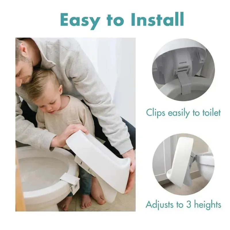 Potty training urinal system being installed; father assists child, product highlights easy installation and adjustable heights.