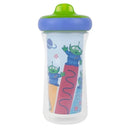 Insulated sippy cup featuring Toy Story aliens, colorful designs, and a green, blue, and transparent body.