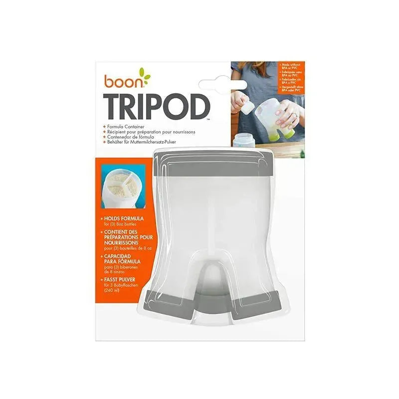 Tripod formula dispenser in grey packaging, designed to hold formula for 3 baby bottles, featuring clear material and a spout.
