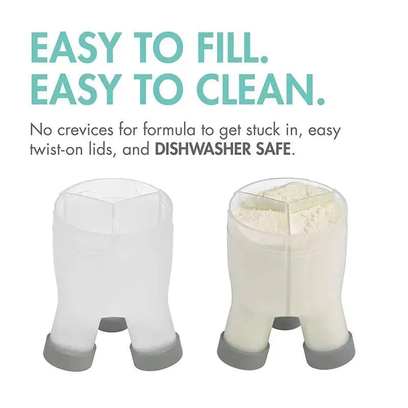 Grey Tomy Tripod Formula Dispenser shown in two versions—empty and filled with formula. Features easy twist-on lids.