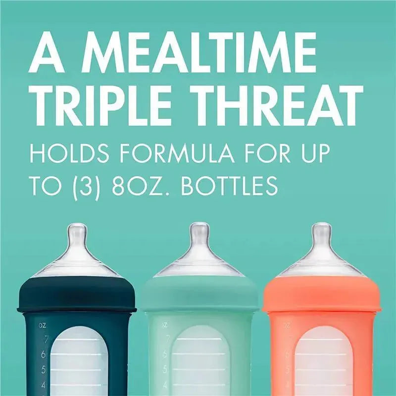 Tripod Formula Dispenser by Tomy; holds formula for three 8 oz bottles; features grey, teal, and coral colors.