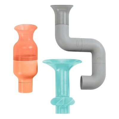 Colorful Tubes Bath Toy set including an orange funnel, light blue funnel, and a curved gray connector.