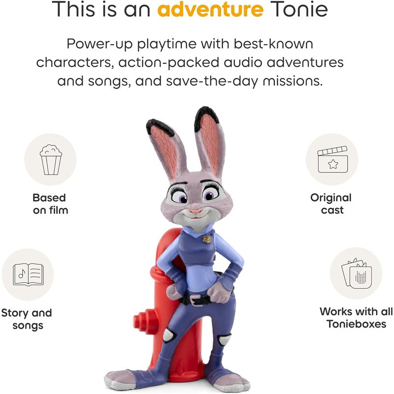 Tonies Judy Hopps audio toy figurine, featuring the character in a blue uniform, standing next to a red fire hydrant.