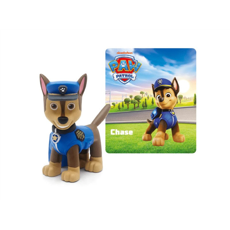 Tonie figure of Chase from Paw Patrol, wearing a blue police uniform, alongside a card featuring the character.