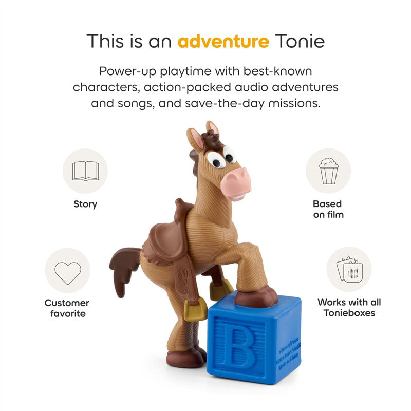 Tonies Bullseye Audio Toy Figurine, a brown horse from Toy Story, standing on a blue block with musical features.
