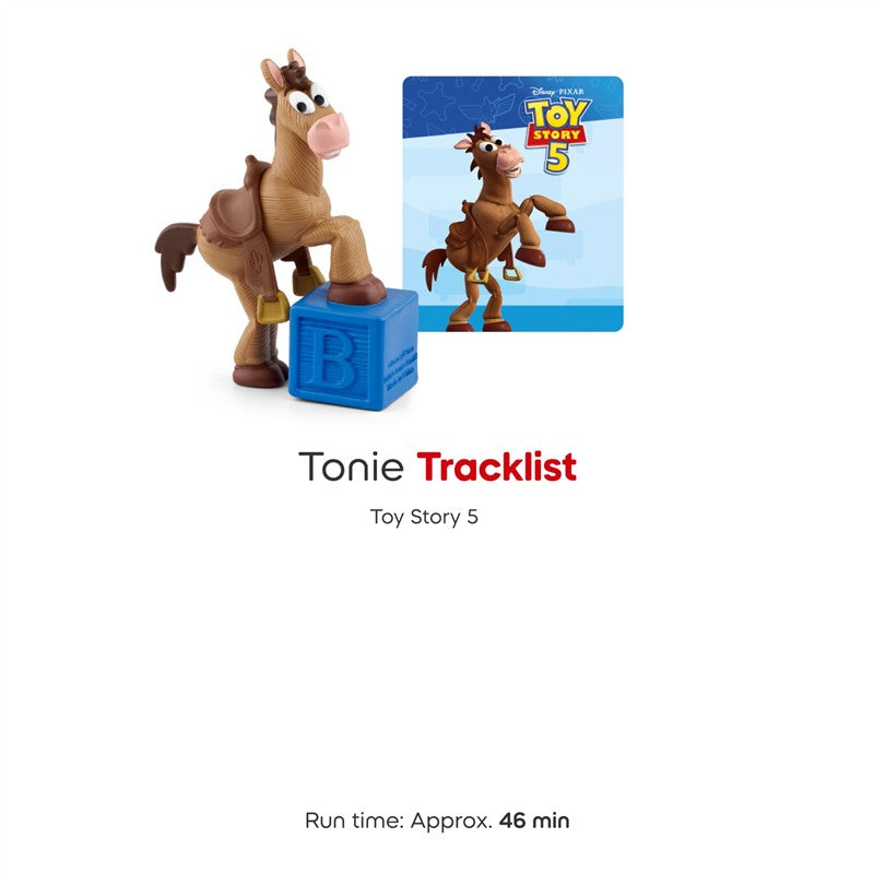 Bullseye figurine from Toy Story 5 stands on a blue block, accompanied by the tracklist for the audio toy.