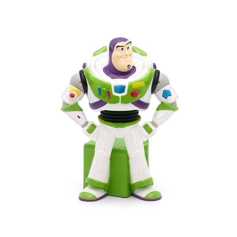 Buzz Lightyear audio toy figurine stands confidently, featuring his iconic spacesuit with green, white, and purple colors.