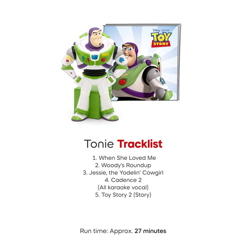 Tonies Buzz Lightyear figurine from Toy Story 2 with a tracklist for songs and story, approximate run time 27 minutes.