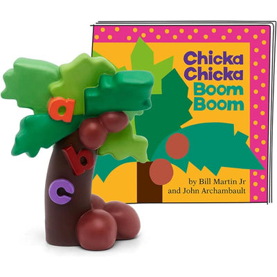 Tonies Chicka Chicka Boom Boom figurine with colorful tree design and letters, accompanied by the storybook cover.