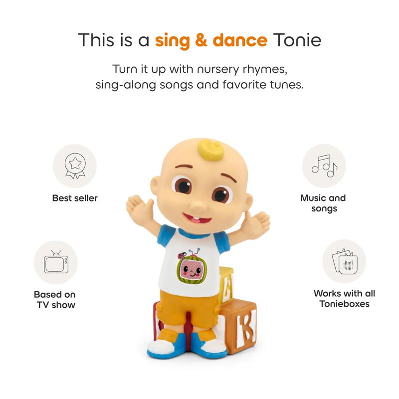 CoComelon JJ audio toy figurine, smiling with arms raised, designed for singing and dancing, compatible with Tonieboxes.