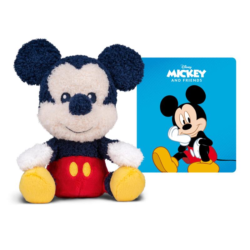 Cuddle Mickey Mouse plush toy with soft texture, wearing red shorts, alongside a colorful card featuring Mickey Mouse.