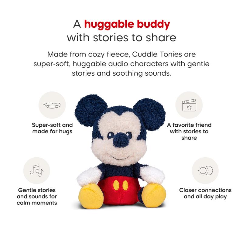 Cuddle Mickey Mouse audio toy plush, made of soft fleece, offers gentle stories and sounds for comfort and fun.