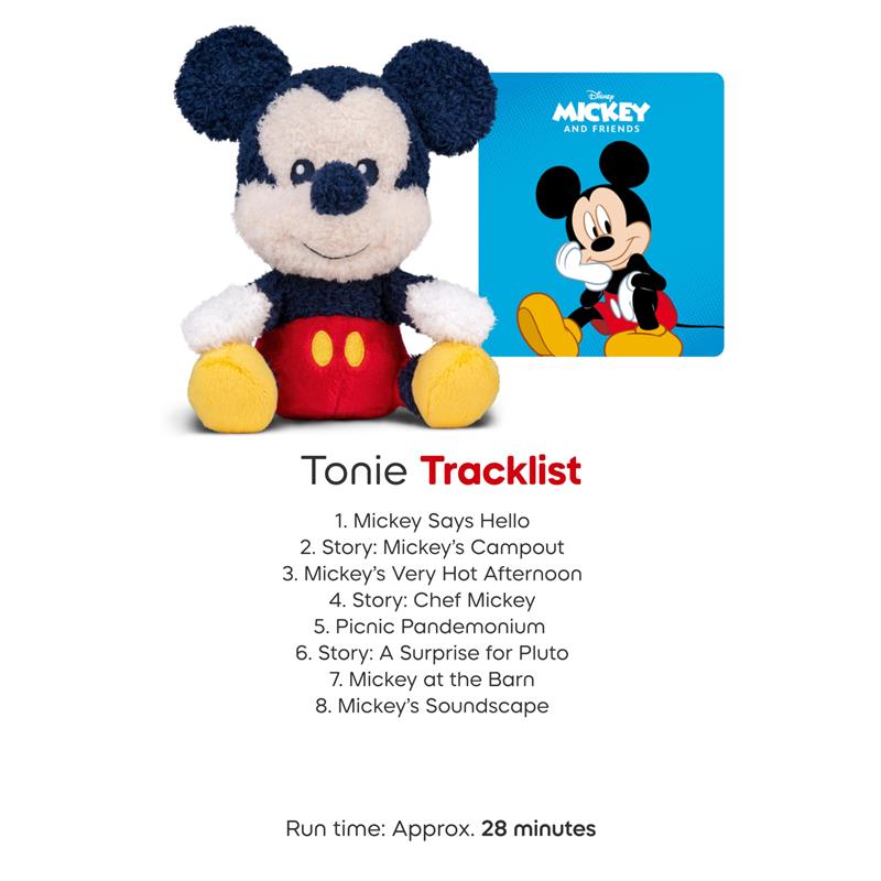 Tonies Cuddle Mickey Mouse plush audio toy featuring a blue and yellow design, with a tracklist of stories and songs.