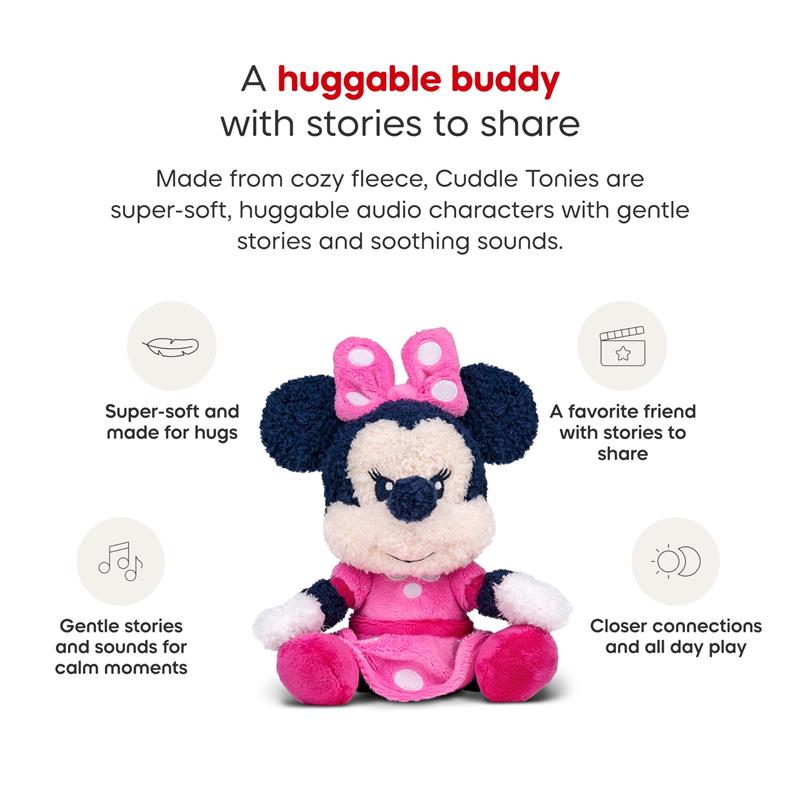 Cuddle Minnie Mouse plush toy in pink dress with polka dots, designed for hugs and storytelling.