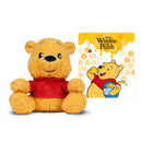 Cuddle Winnie the Pooh plush toy wearing a red shirt, accompanied by a card depicting Pooh with honey and bees.