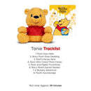 Tonies Cuddle Winnie the Pooh plush toy with a red shirt, featuring a tracklist of audio stories and songs.