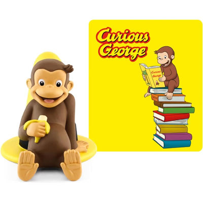 Tonies Curious George audio toy figurine features a smiling monkey holding a banana, with a yellow background displaying the Curious George logo.
