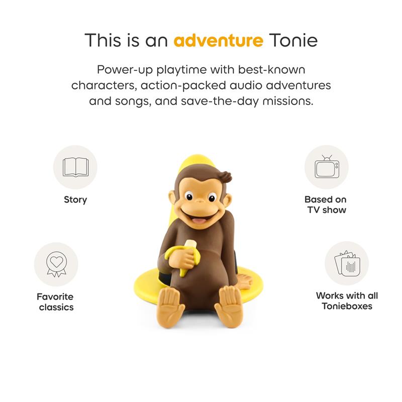 Curious George audio toy figurine, sitting with a banana, designed for use with Tonieboxes for storytelling and music.