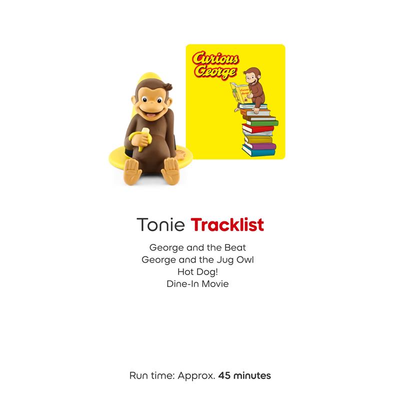 Curious George audio toy figurine with a yellow background featuring tracklist titles and run time details.