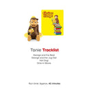 Curious George audio toy figurine with a yellow background featuring tracklist titles and run time details.