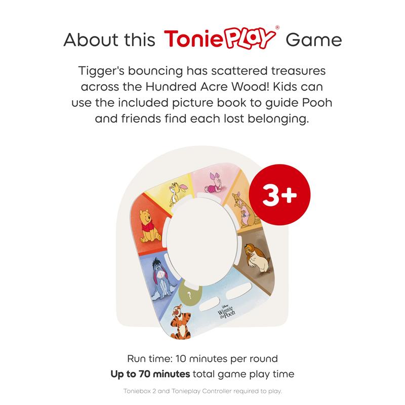 Tonieplay game featuring Tigger and Winnie the Pooh, guiding kids to find lost treasures in the Hundred Acre Wood. Suitable for ages 3+.