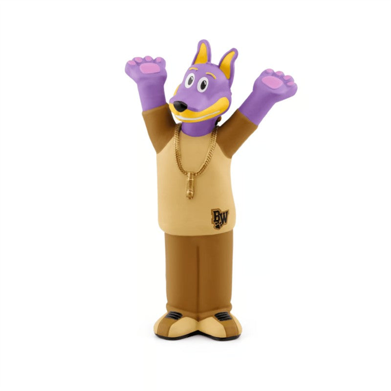 Tonies Doggyland Audio Toy Figurine, a smiling purple dog with arms raised, wearing a tan shirt and a gold chain.