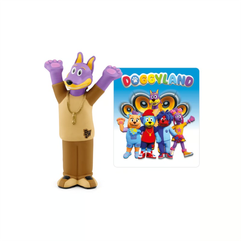 Tonies Doggyland Audio Toy Figurine, a purple dog in casual clothing with raised arms, alongside a colorful Doggyland display card.