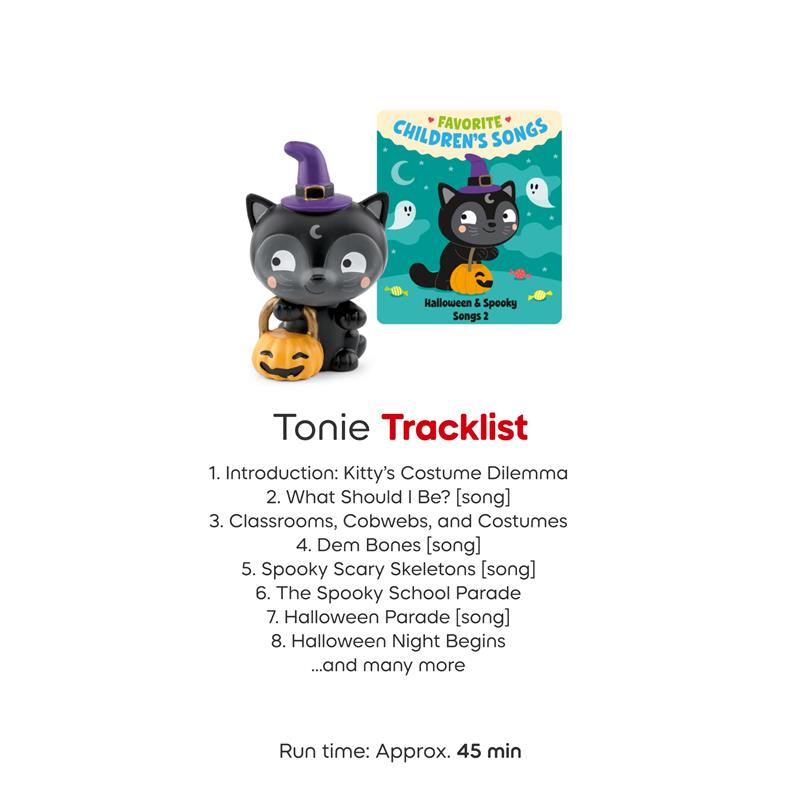 Tonie figurine of a black cat wearing a purple witch hat, holding a pumpkin, next to a tracklist for Halloween songs.