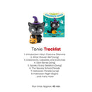 Tonie figurine of a black cat wearing a purple witch hat, holding a pumpkin, next to a tracklist for Halloween songs.
