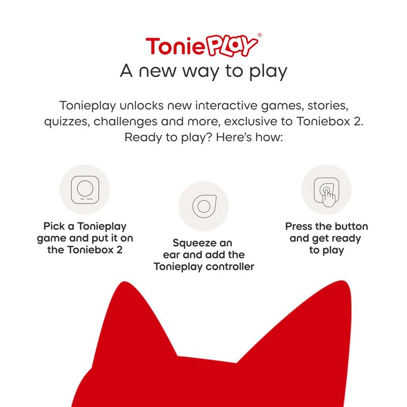 Instructions for using the Tonieplay game: pick a game, squeeze the controller, and press the button to play.