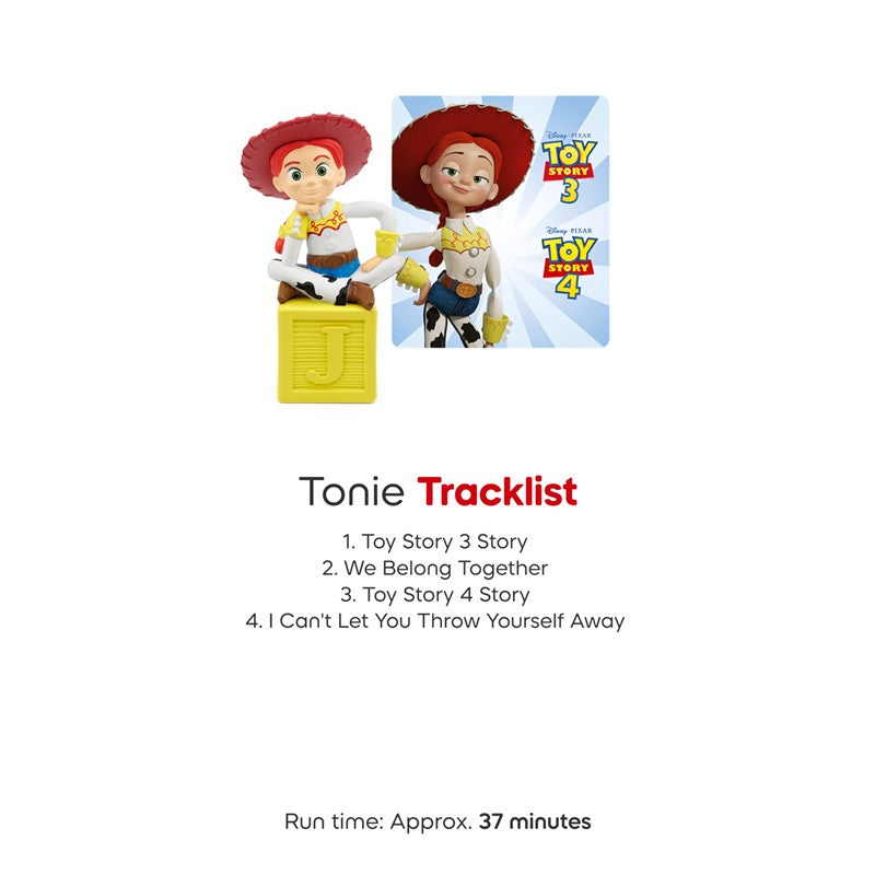 Tonies Jessie Audio Toy Figurine from Toy Story features a smiling Jessie character with a red hat, alongside a yellow block and a tracklist.