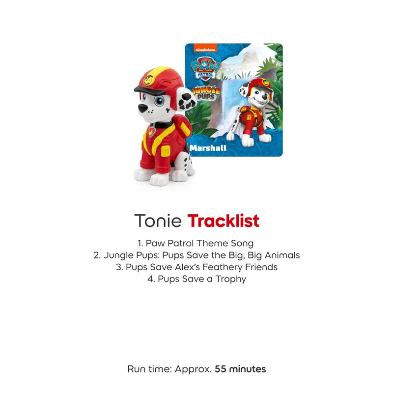 Tonies Marshall audio toy figurine from PAW Patrol Jungle Pups, with a tracklist including the theme song and four stories.