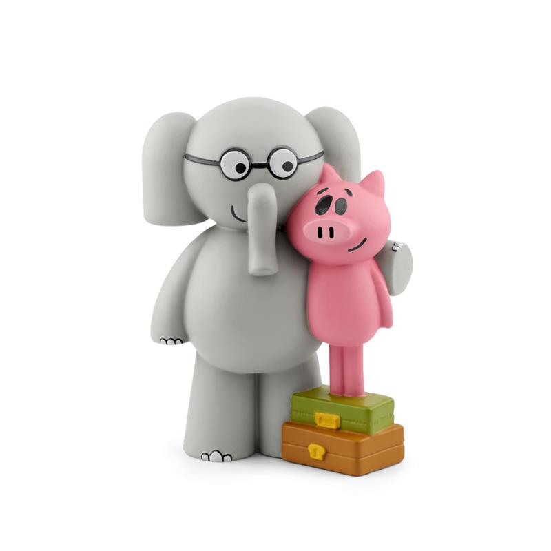 Elephant and Piggie toy figurines, featuring a gray elephant with glasses and a pink pig, standing on three colored suitcases.