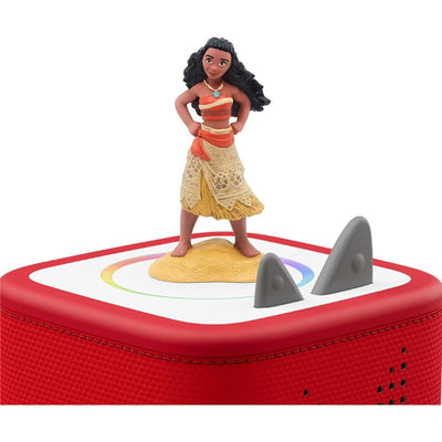 Tonies Moana audio toy figurine featuring Moana in a colorful outfit standing on a sandy base, atop a red speaker.