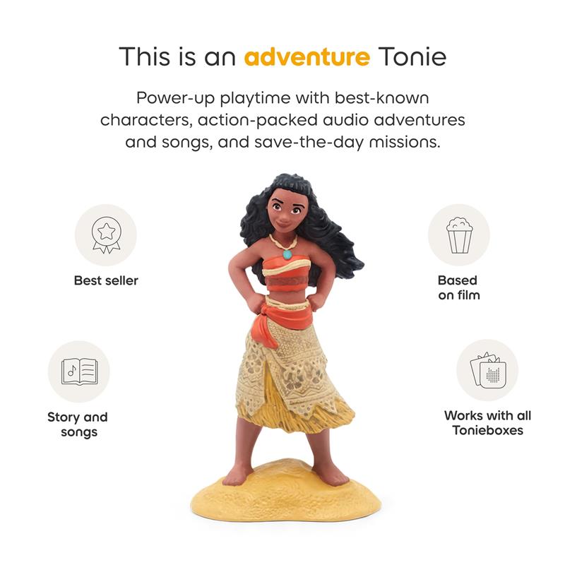 Tonies Moana Audio Toy Figurine features a detailed Moana character in a vibrant outfit, designed for interactive storytelling and play.