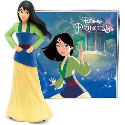 Tonies Mulan audio toy figurine, featuring Mulan in traditional dress with a blue and green top, beside a colorful background.