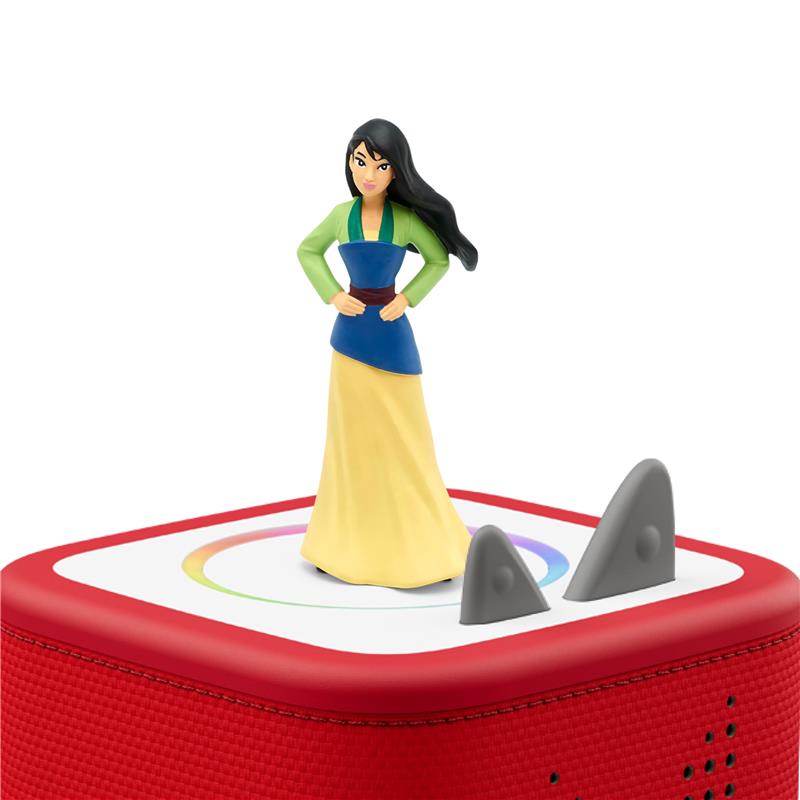 Disney Tonies Mulan audio toy figurine, featuring Mulan in a colorful dress, on a red speaker base with interactive controls.