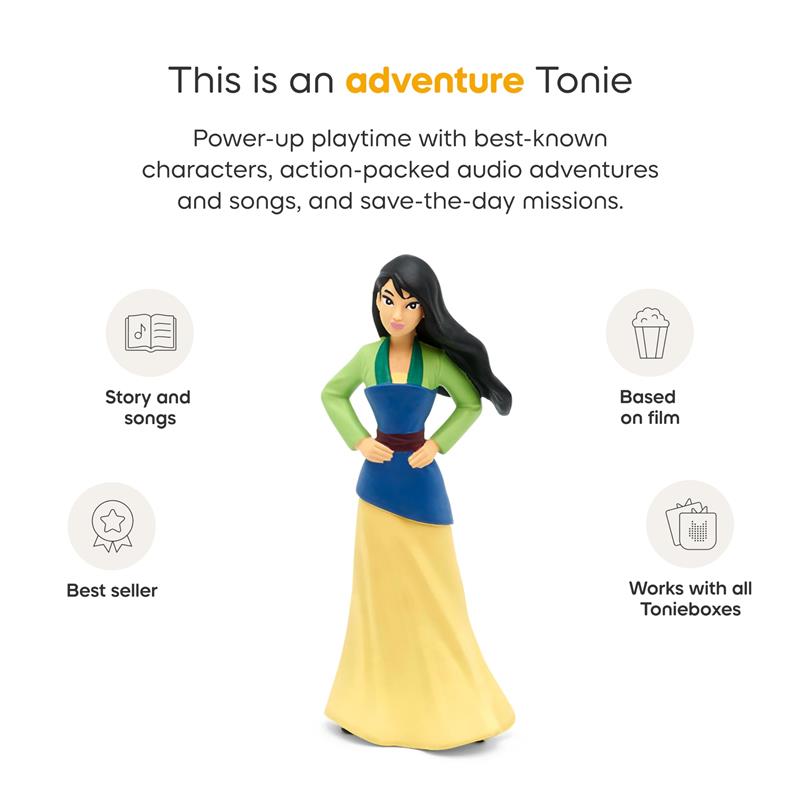 Tonies Mulan audio toy figurine shaped like Mulan, features colorful clothing, designed for interactive storytelling and songs.