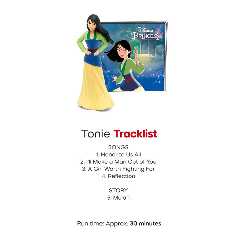 Tonies Mulan figurine with tracklist for songs and story, featuring prominent Disney Princess branding.