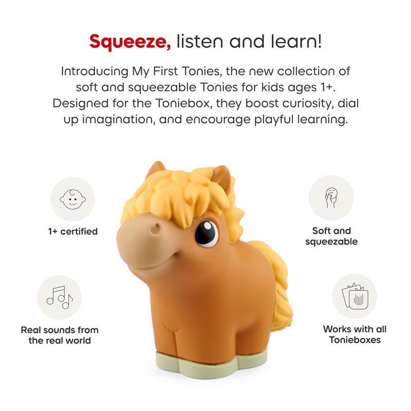 Soft and squeezable Tonies toy figurine of a horse, part of the My First Farm Set for kids ages 1+.