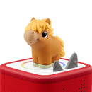 Soft, squeezable horse figurine from the Tonies My First Farm Set on a red audio toy base.