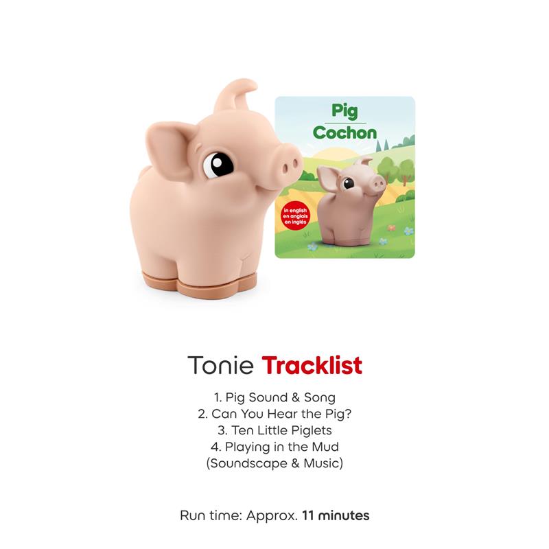 Soft and squeezable pig figurine from the Tonies My First Farm Set with a related tracklist card.