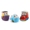Soft and squeezable audio toy figurines of an airplane, ship, and train, featuring bright colors and smiling faces.