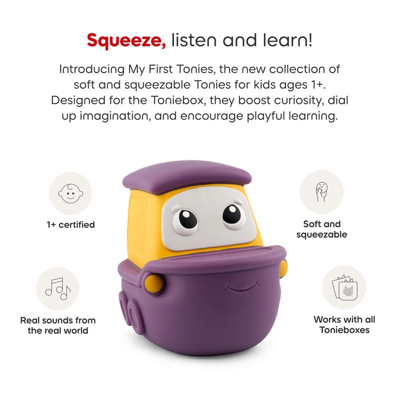Soft, squeezable Tonies figurine designed for kids 1+, featuring a smiling character that promotes playful learning and imagination.