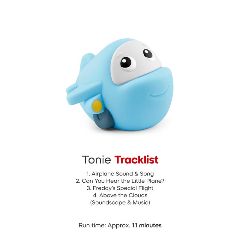 Blue airplane figurine from the Tonies My First Travel Set, with a tracklist and run time of 11 minutes displayed below.